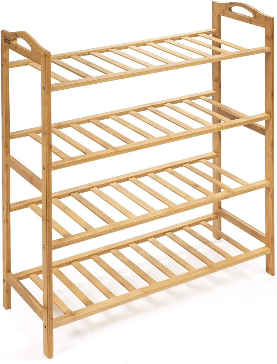 bamboo shoe rack amazon on Amazon Com Barton 4 Tier Bamboo Shoe Rack Home Shoe Organization Home Office Shelf Shoe Entryway Closet W Side Handle Home Kitchen