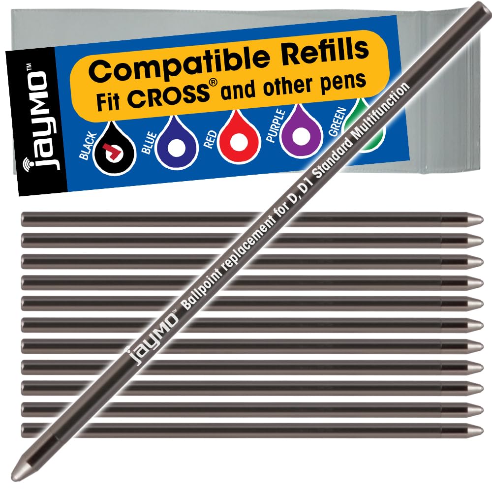 Jaymo Replacement for Cross 8518-4 and Schmidt 635 - Measures 2.625 in / 67 mm Long - D (D1) Standard Multifunction Mini Ballpoint Pen Refill - 12 Black