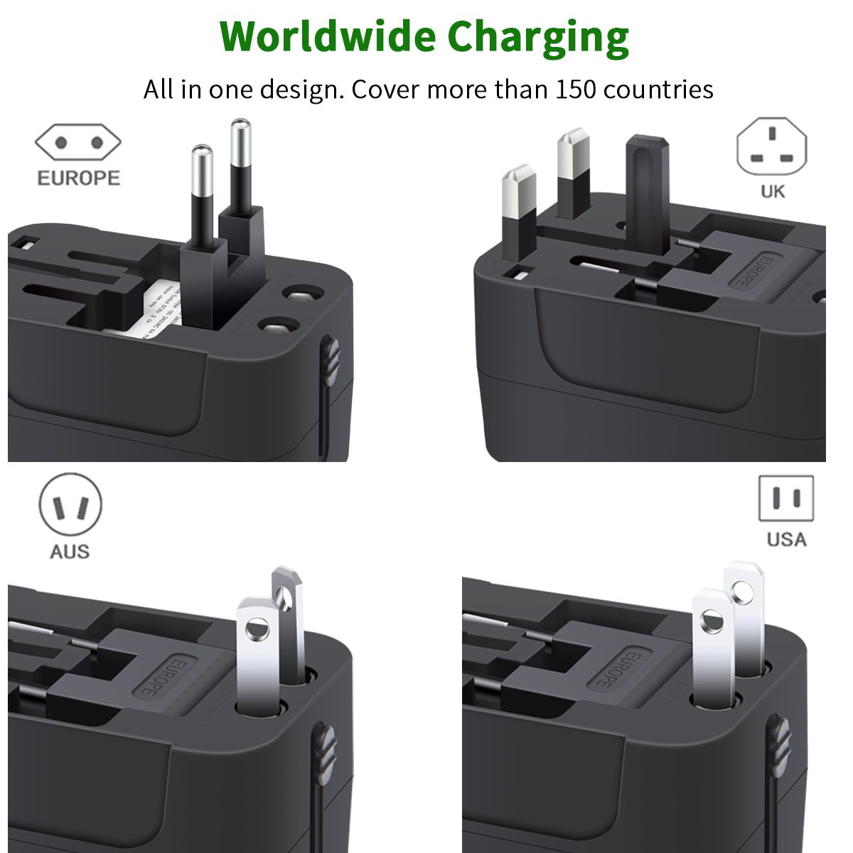 LIANSING Universal All in One Worldwide Travel Adapter Wall Charger AC Power with Dual USB Charging Ports for USA EU UK AUS