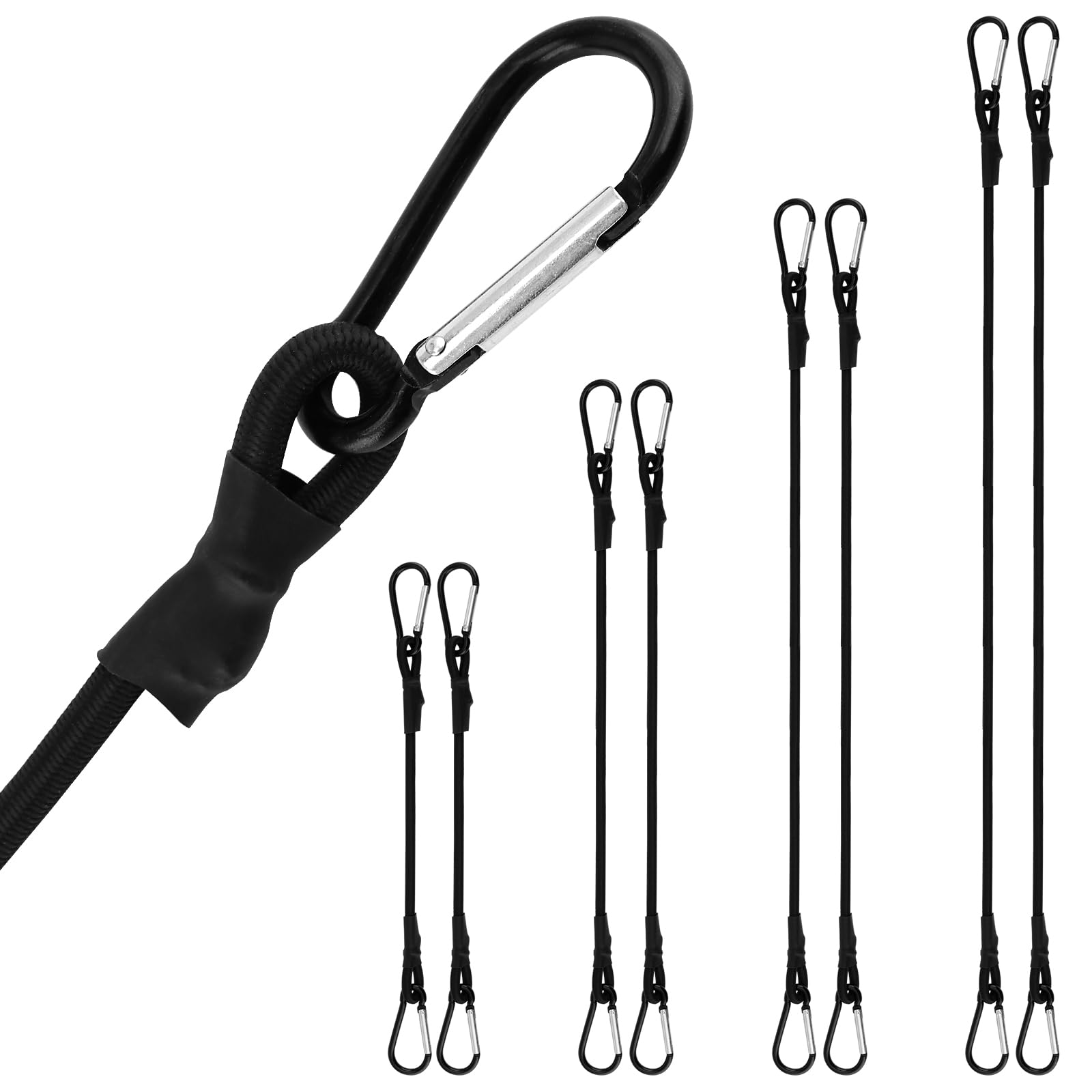 HEIYUET Set of 8 Elastic Straps with Hooks, 4 Sizes Expander with Carabiner, Luggage Tensioner, Rubber Tensioner, Black for Luggage, Roof Rack, Load, Awning