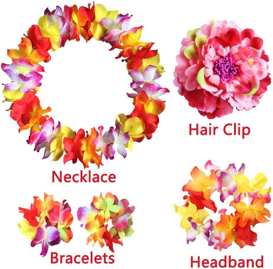 RANSE 5PCS - Hawaiian Flower Leis Jumbo Necklace - Bracelets - Headband - Hair Clips Set, Hawaiian Luau Party Supplies Party Favors