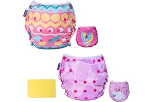 EZ Moms Baby Swim Diapers Reusable 2Pcs Snap One Size Adjustable Washable Newborn Infant Swim Diaper with a Shammy Towel for Baby Girl Water Diaper Waterproof Swimming Diapers for Swimming Lessons