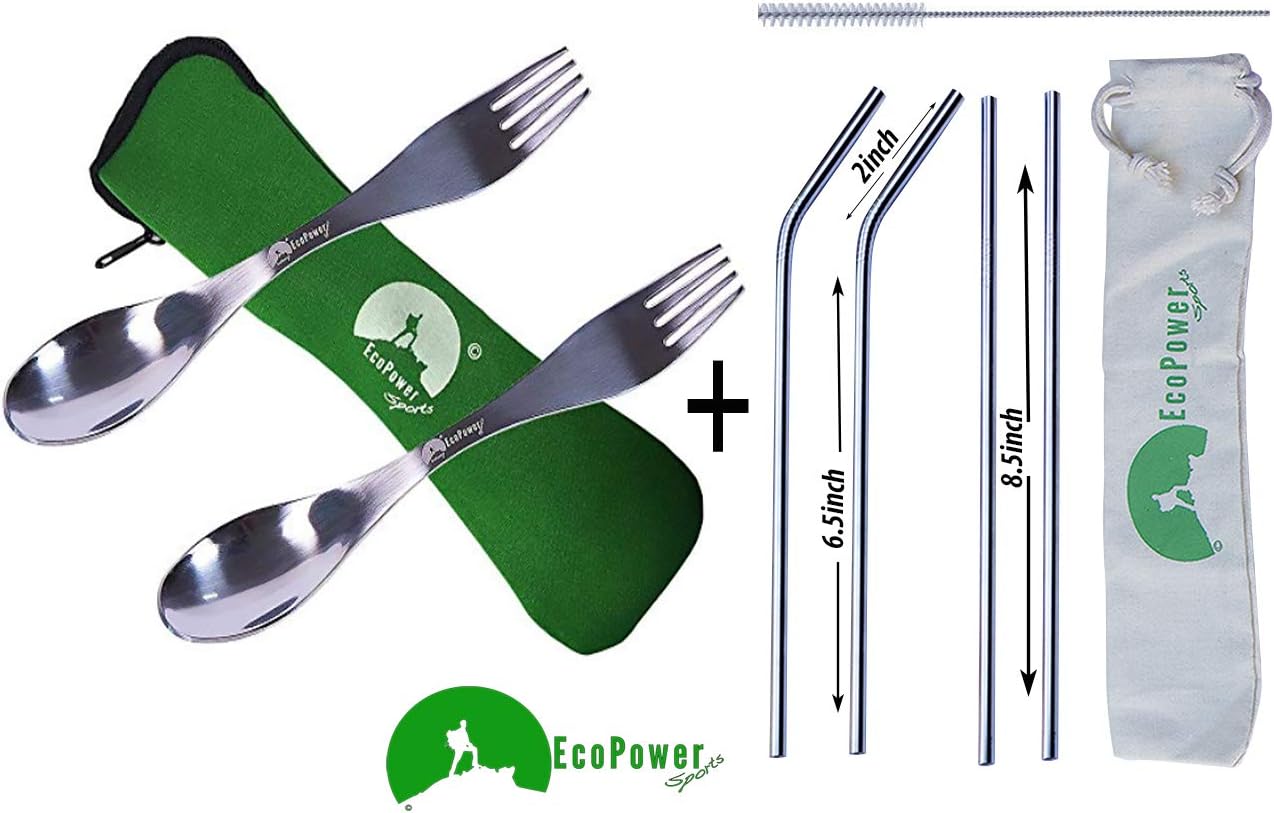 ECOPOWER SPORTS STAINLESS STEEL SPORKS and Steel Straws Combo. PLUS 2 POUCHES and 1 Brush