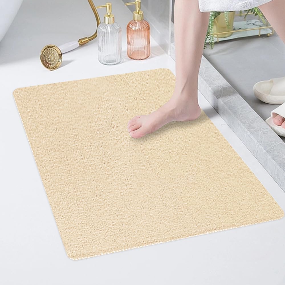 Shower Mat Non Slip 60x80cm, Soft Comfort Bath Mat with Drain Holes, PVC Loofah Massage Safety Non Slip Bath Mat for Shower in Wet Areas, Quick-dryin (Beige)