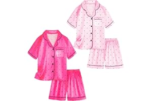 Vopawetty Satin Pajamas for Girls, 4-Piece Short Sleeve Button Down Silky PJ Set