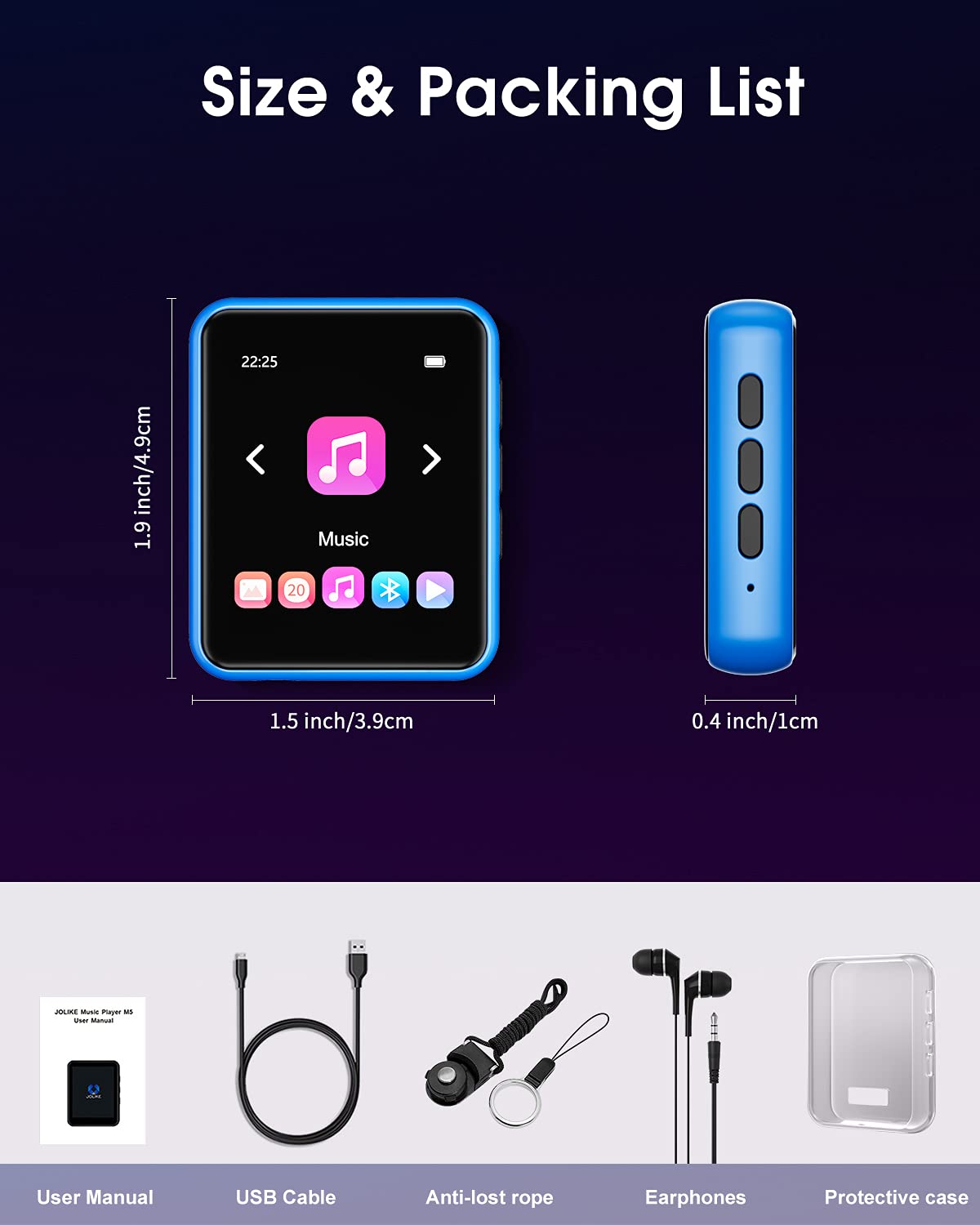 MP3 Player with Bluetooth 5.0 Portable HiFi Lossless Sound MP3 Music Player and FM Radio Recorder E-Book 2.4 inch Screen Maximum Support 128GB（Blue）