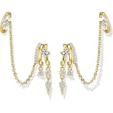 Hefanny Triple Huggie Stacked Earrings for Women Gold Chain Drop Dangle Earrings Cute Statement CZ Earrings Trendy Dainty Jewelry Gift