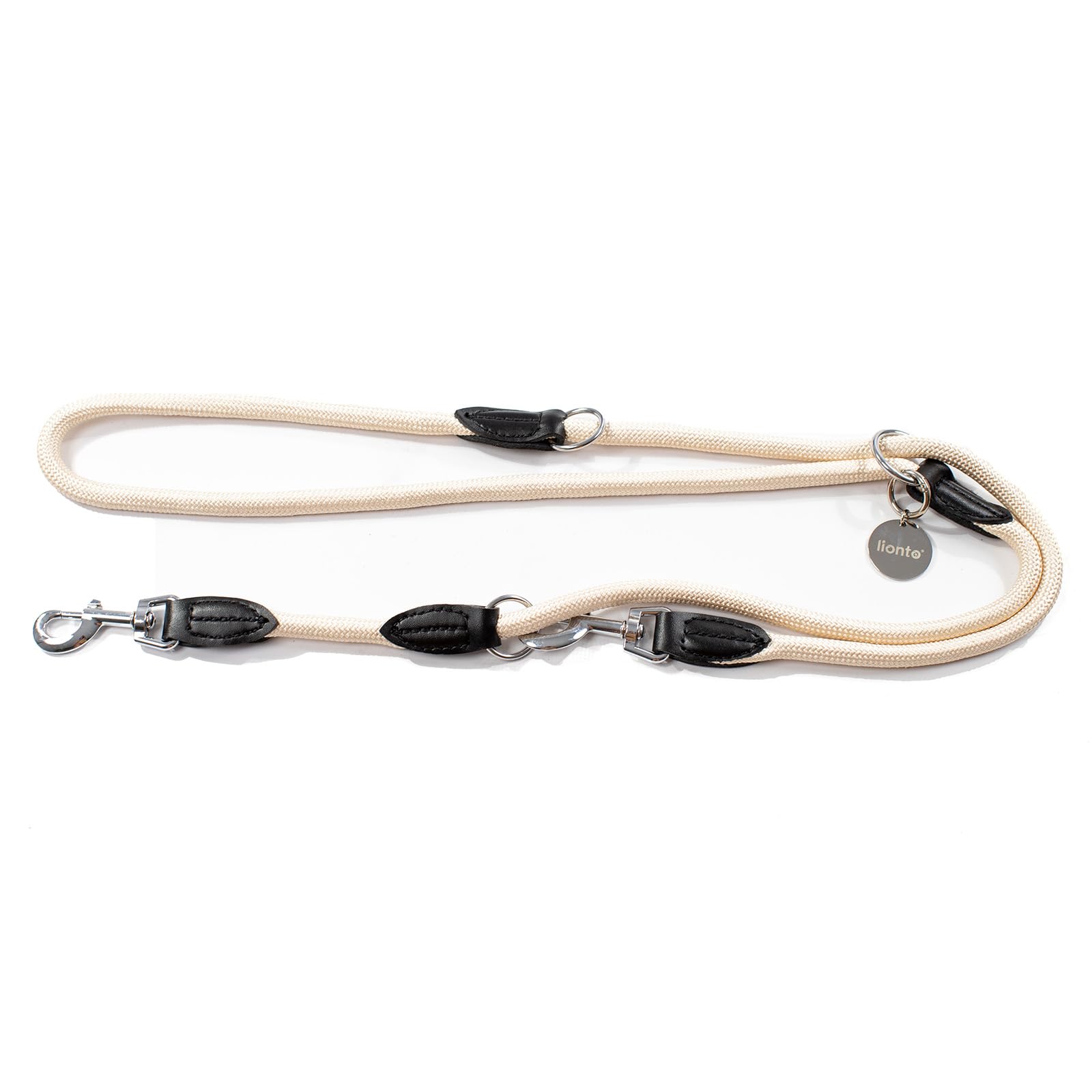 lionto Multifunctional leash adjustable for all dogs, weatherproof shoulder leash up to 200 cm, robust dog lead easy to clean, versatile leash with rustproof stainless steel carabiners, beige