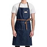 ROTANET Denim Work Apron with 3 Pockets Jean Shop Aprons for Chef Hairstylist Kitchen Woodworking for Men Women Blue Black