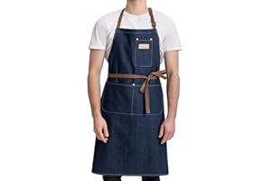 ROTANET Denim Work Apron with 3 Pockets Jean Shop Aprons for Chef Hairstylist Kitchen Woodworking for Men Women Blue Black