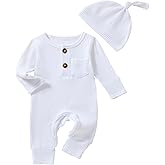 QUEKRE Newborn Baby Boy Girl Clothes Infant One Piece Rompers Solid Ribbed Knit Hat Long Sleeve Clothing Set