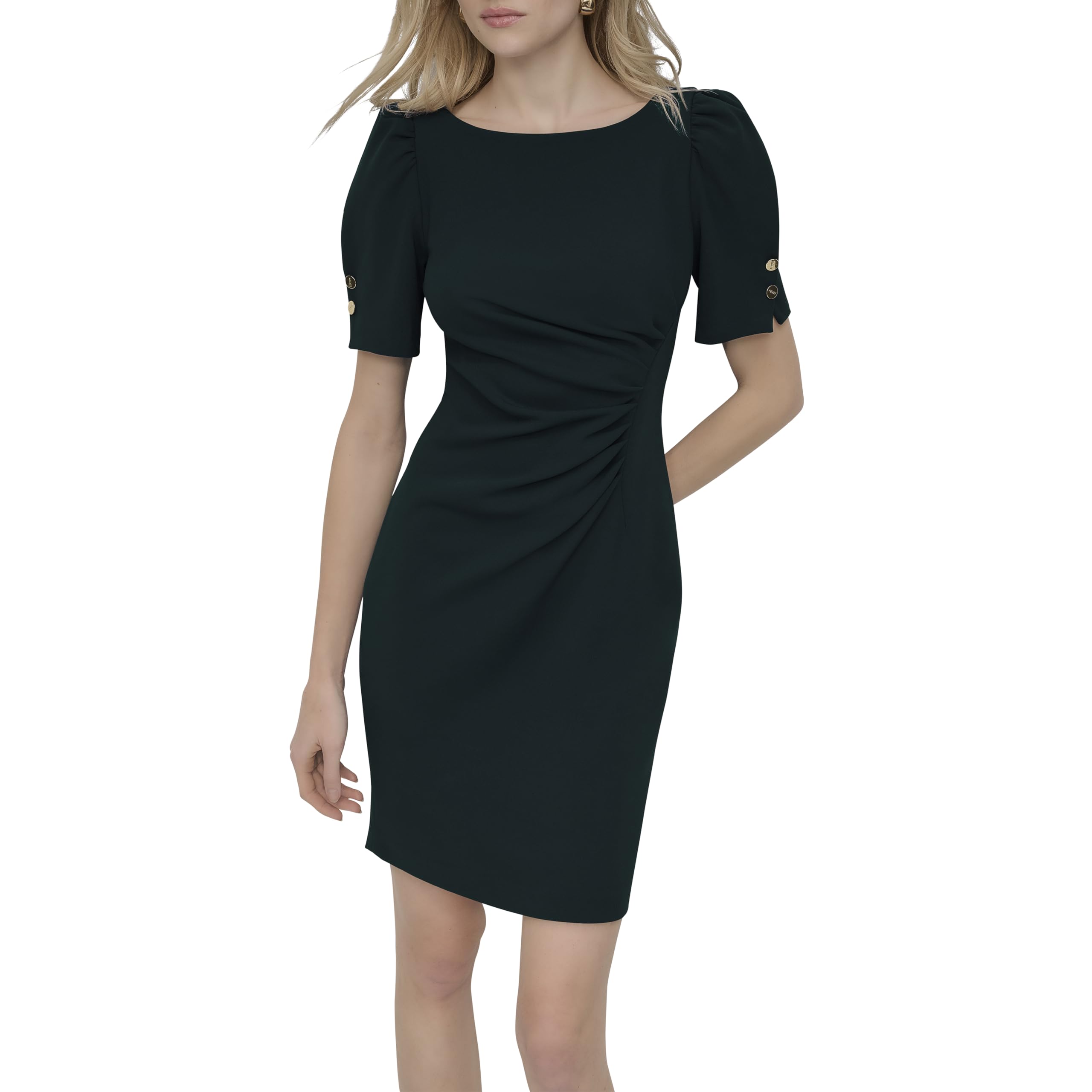 DKNY Women’s Short Sleeve Ruched Knee Length Sheath Dress with Button Detail, Pine, 4
