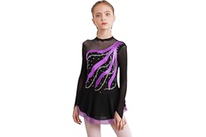 Oyolan Kids Girls Figure Ice Skating Dress Mesh Splice Long Sleeve Rhinestone Ballet Dance Skating Competition Costume