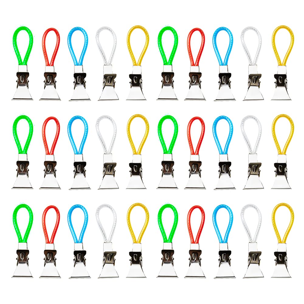 XINGSUI 30 Pcs Tea Towel Clip,Cloth Hanging Clips,Metal Clip with Hooks,for Hanging Beach Towel,Bath Towel(5 Color)