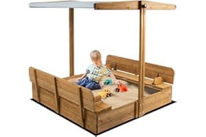 GOWOODHUT Kids Sand Box with Cover，Wooden Outdoor Sandbox with Lid，Foldable Bench Seat/Adjustable Canopy，UV-Protection &Natural Wood，Sand Box for Kids Ages 2-8（47x47in）