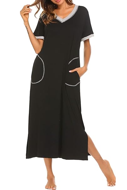 ADOME Nachthemd Damen Lang Nachtwäsche Pyjama Kleid Sommer V-Ausschnitt Kurzarm Schwangere Kleid Casual mit Tasche