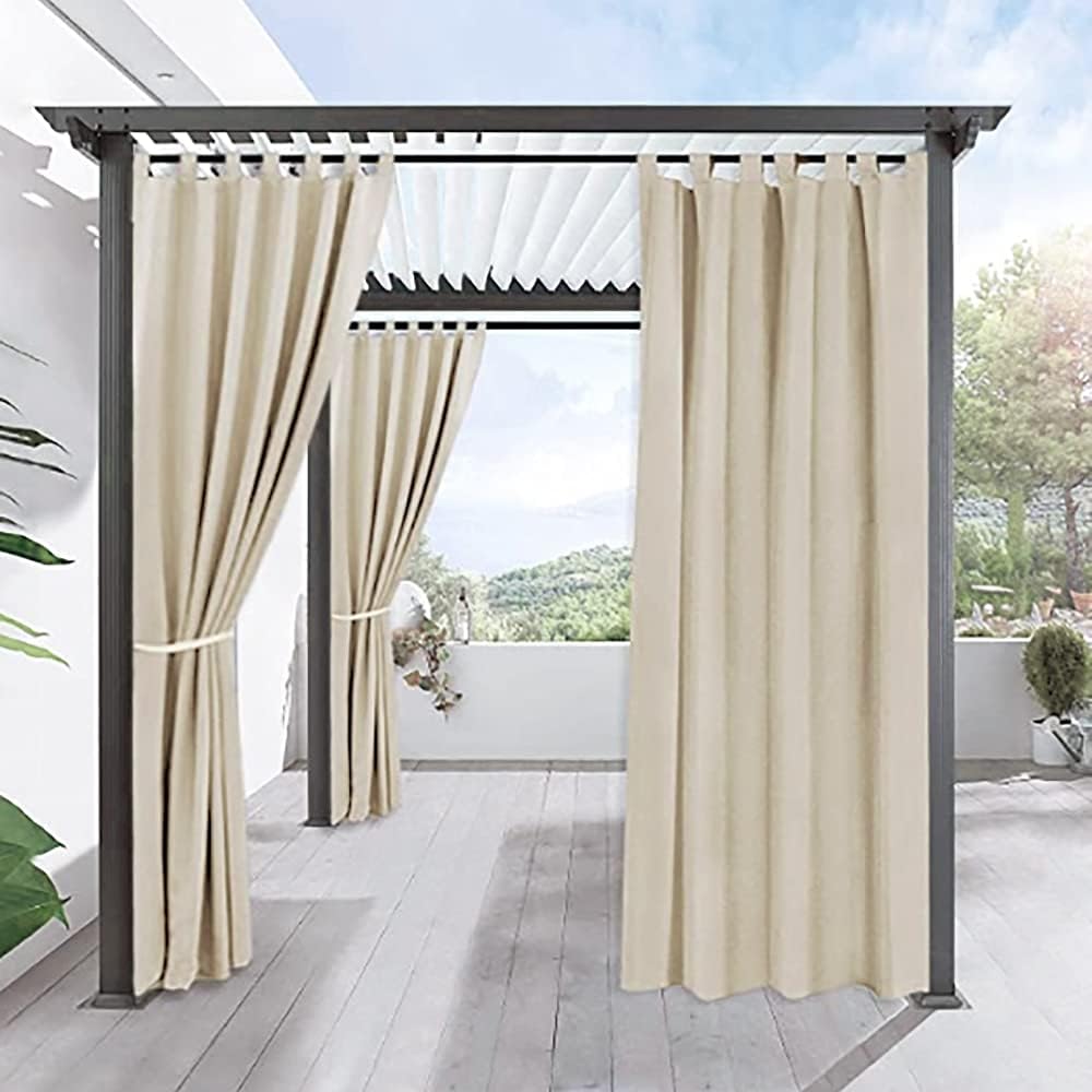 Outdoor Curtains - Outdoor Curtain Drapes -Bedroom/Porch/Pergola/Balcony, Sun Block/Wind Prevention/Waterproof Detachable Tab Top Curtains, Beige, 100 * 84Inch, 1 Panel
