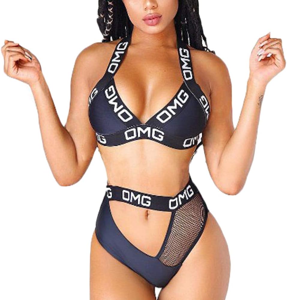 GUSU Women's Sexy Thong Push up Padding Bikini Set Black High Cut Out Halter Swimsuit