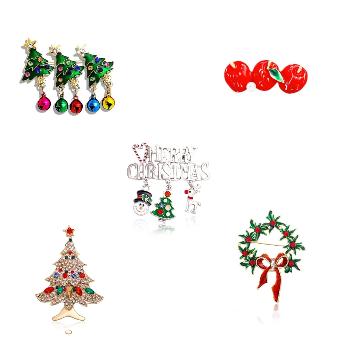 Christmas Xmas Rhinestone Brooch New Year Tree Star Snow Pin Badge Brooch Memorabilia Gift Decorations (Set A)