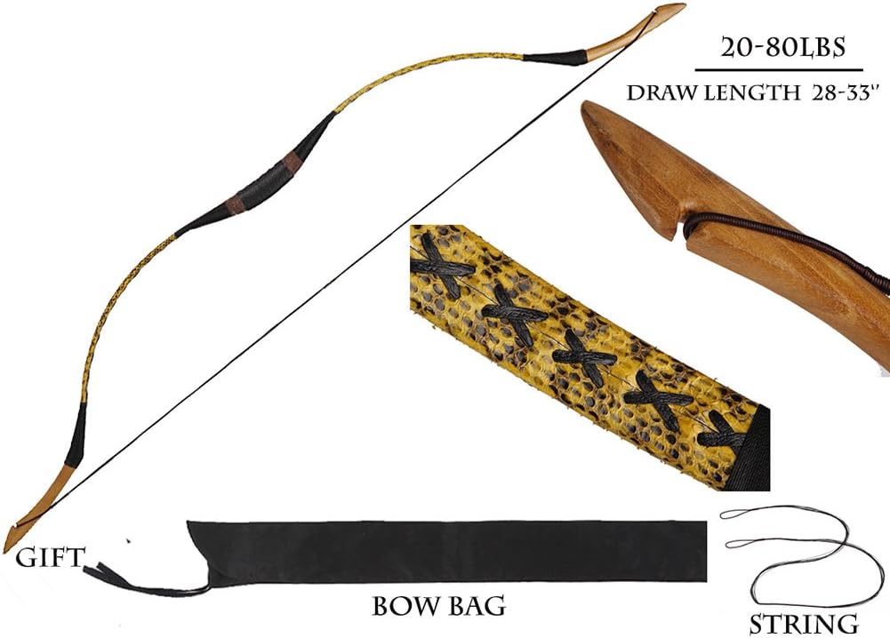 PG1ARCHERY Traditional Longbow Archery Recurve Bow Handmade Snakeskin One Piece Horsebow for Targeting Practice Hunting 20-80lbs