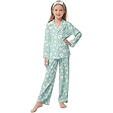 CARETOO Girls Pajamas Satin Long Sleeve Long Pants with Headband Pajama Set Kids Cute Button down Sleepwear 4-12Y
