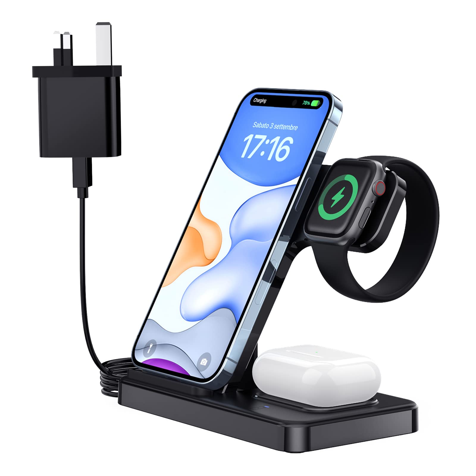 Wireless Charger, PUGO TOP 3 in 1 15W Fast Charging Station with Plug Compatible with iPhone 16,15,14,13,12,11, iWatch Series 10/Ultra 2/Series 9/Ultra/8/7/SE, AirPods 3/2/pro Black
