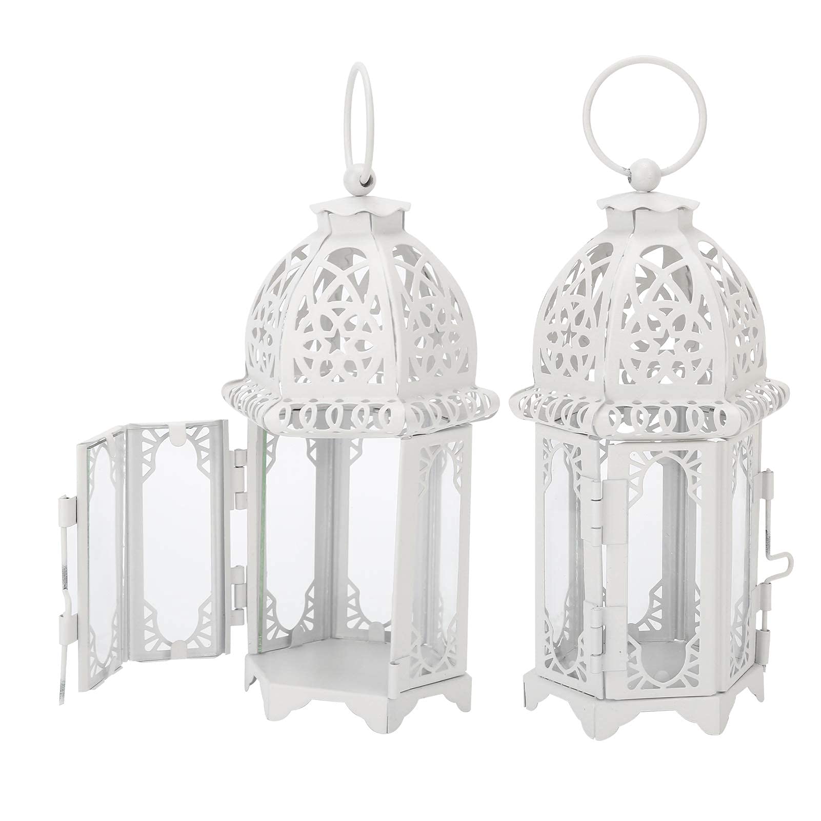 Garosa 2Pcs Decorative Lanterns 16 x7x7cm Mini Metal Tealight Hanging Lantern for Indoor Outdoor Events Parities and Weddings, White Transparent