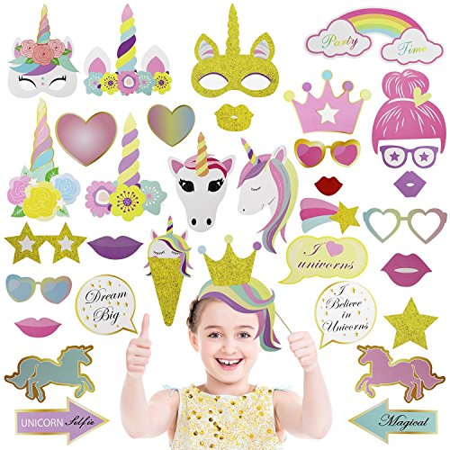 MISSCOO Party Supplies Glitter Unicorn Photo Booth Props Funny Rainbow Unicorn Pegasus Photo Props for Unicorn Baby Shower Birthday Party Decoration Favors Supplies for Girl Kids