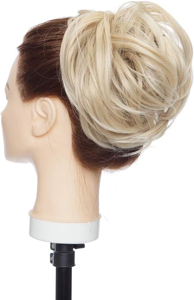 Tousled Updo Messy Bun Hair Piece Hair Extension Ponytail With Elastic Rubber Band Updo Extensions Synthetic Hair Extensions Scrunchies Ponytail Hairpiece for Women Ash Blonde to Bleach Blonde - Image 3