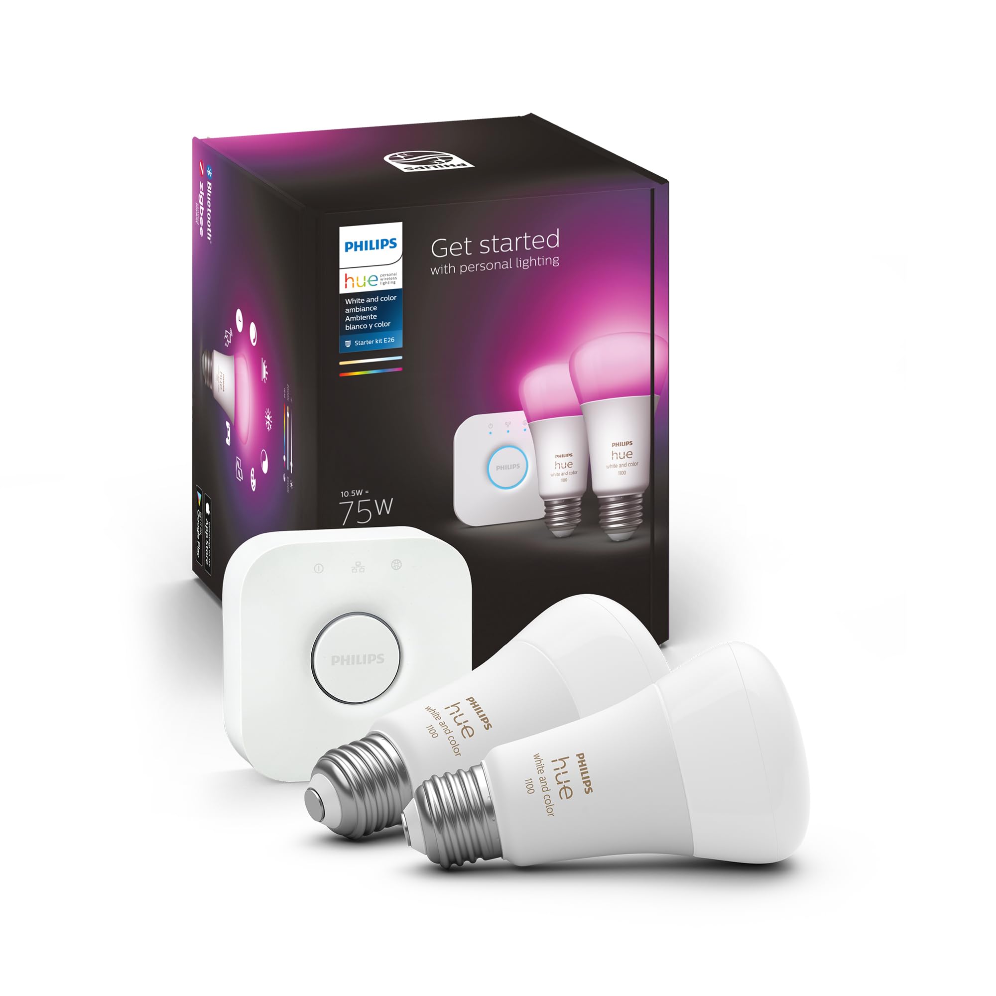 Photo 1 of ***SIMILAR ITEM*** Philips Hue Color 75W A19 Smart LED Bulb 2PK + Hue Bridge - White and Color Ambiance