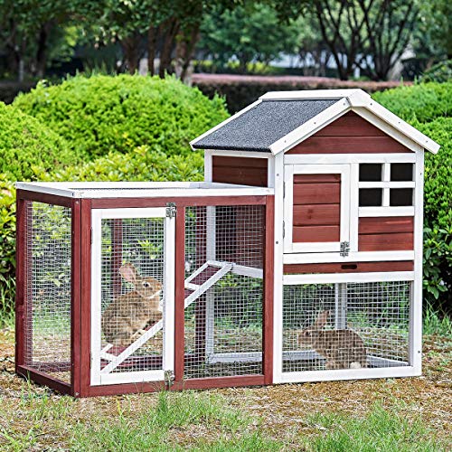 Merax Rabbit Bunny Hutch House with Black Linoleum Roof, Auburn and White