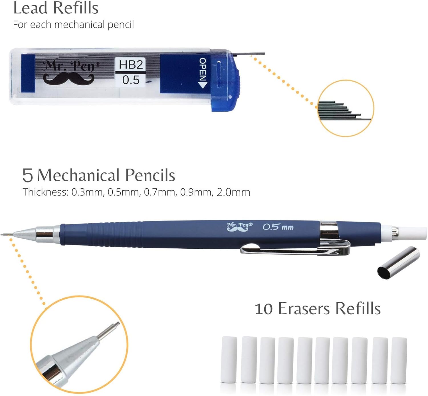 Mr. Pen Mechanical Pencil Set with Lead and Eraser Refills, 5 Sizes - 0.3, 0.5, 0.7, 0.9 and 2 Millimeters, Drafting, Sketching, Illustrations, Architecture, Drawing Mechanical Pencils : Office Products