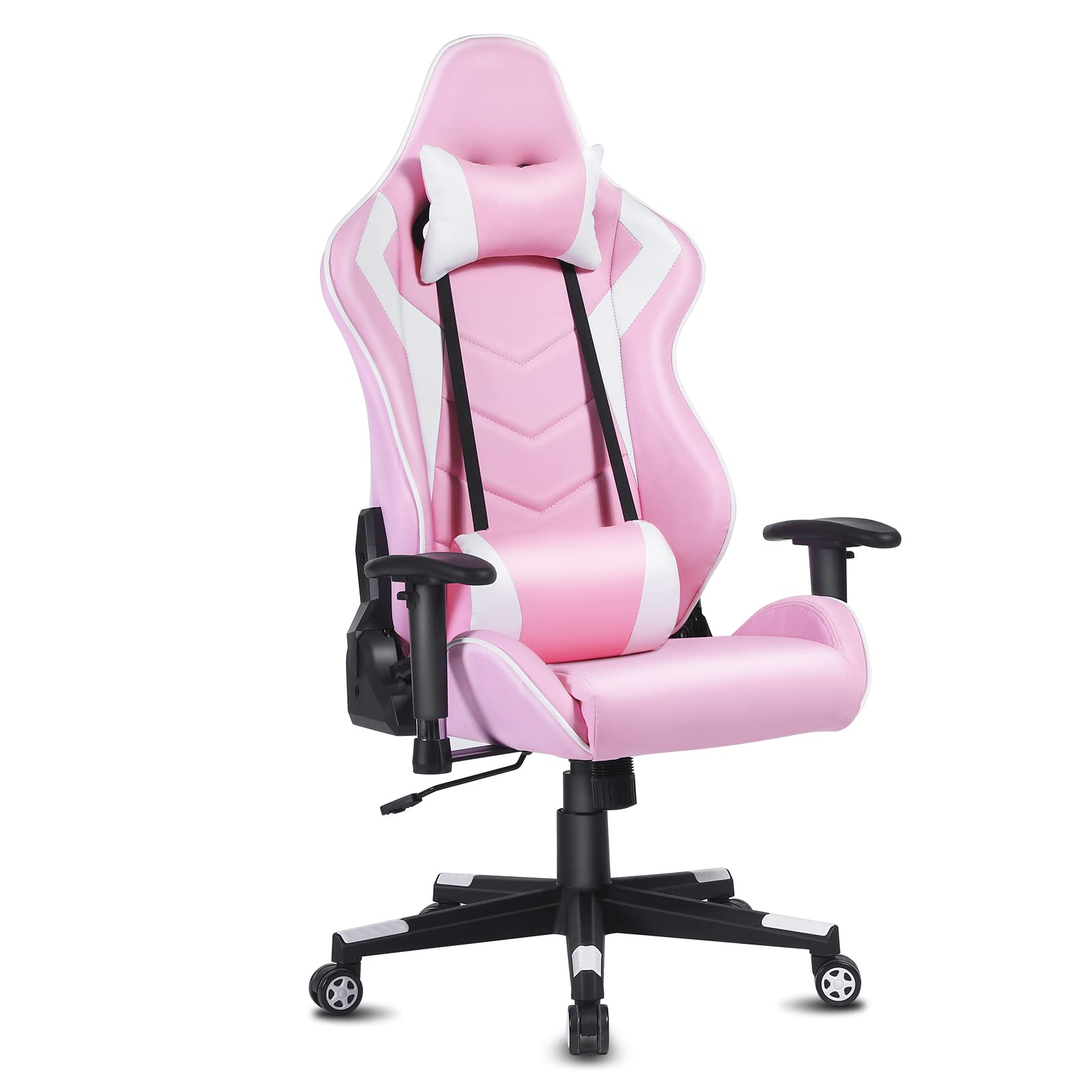 Silla giratoria para juegos con respaldo alto, reclinable, estilo de carreras, ergonómica, escritorio de oficina, silla reclinable con reposacabezas y soporte lumbar, rosa y blanco