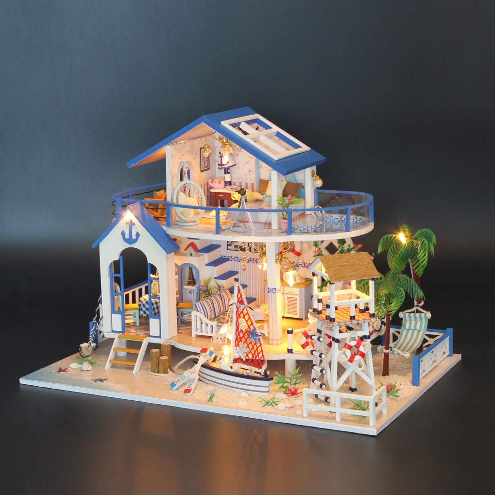 GuDoQi DIY Miniature Dollhouse Kit, Miniature House Kit 1:24 Scale,Tiny House kit with Music and Furniture Kit, Great Gift for Birthday Easter, Blue Sea Legend
