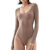 PUMIEY Women's Scoop Neck Long Sleeve Bodysuit Body-hugging Sexy Tops Smoke Cloud Collection
