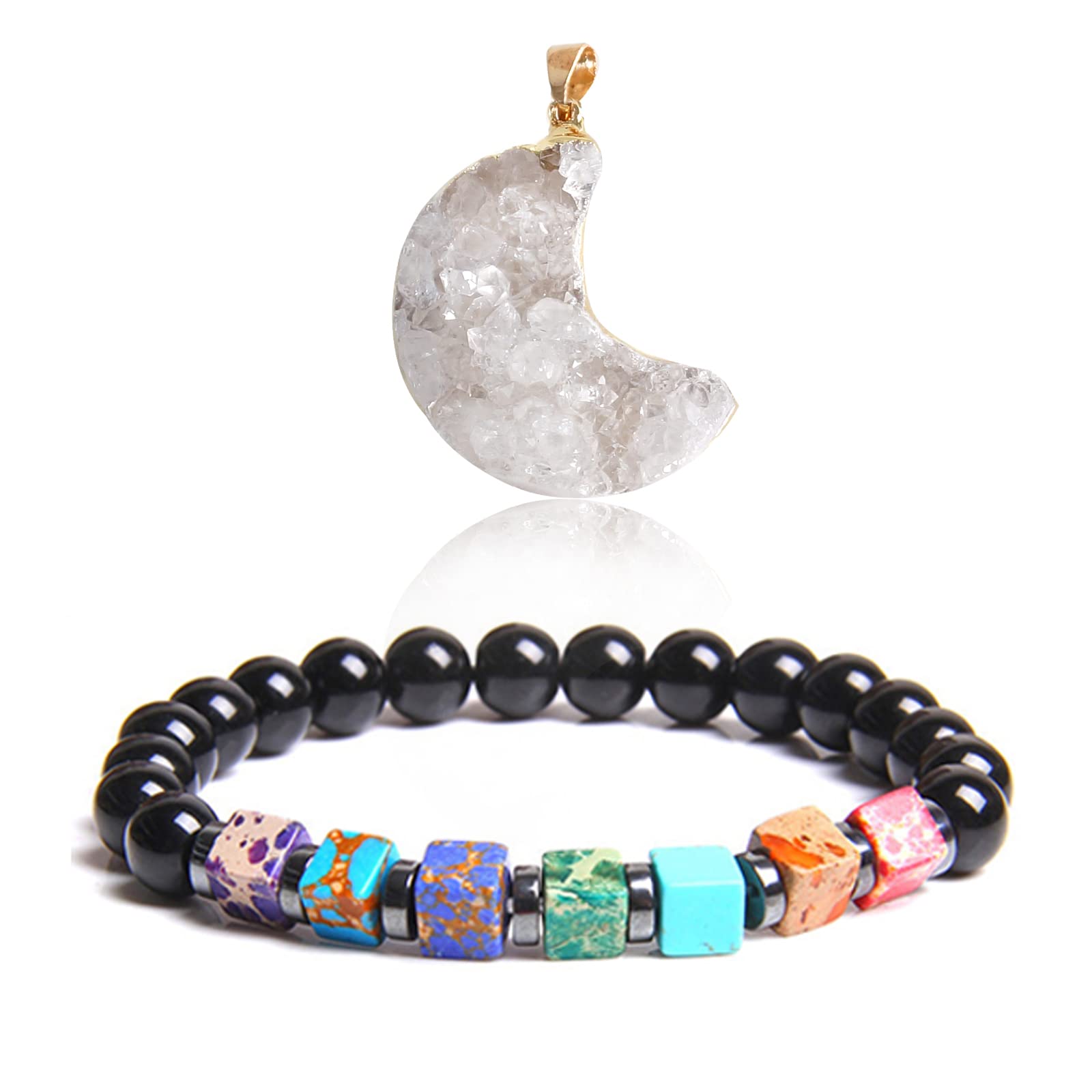 soulnioi Healing Crystal Set-1Pcs Seven Chakra Square Beads Bracelet and 1Pcs White Crystal Moon Gemstone Pendant