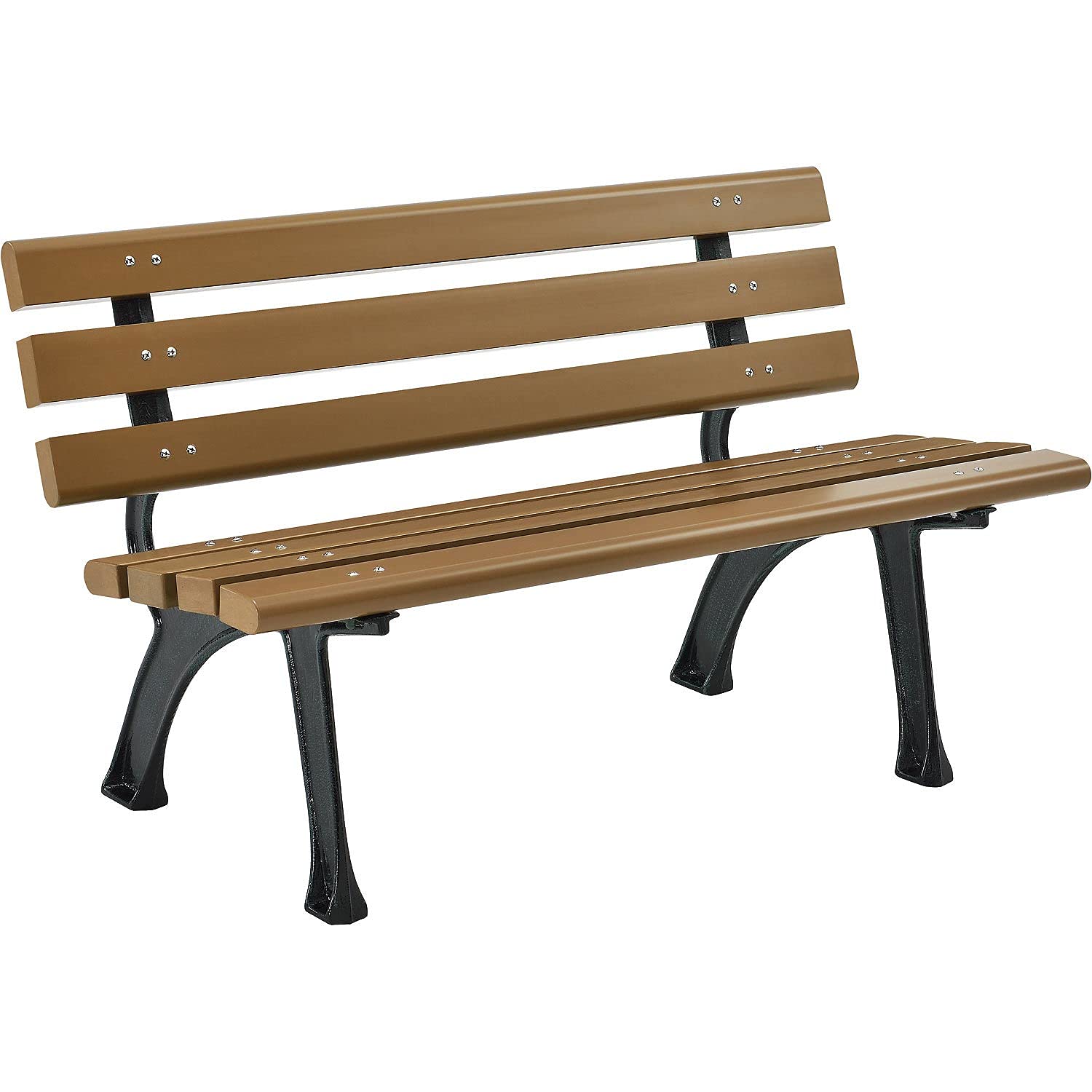 Photo 1 of **MISSING HARDWARE AND FRAME** Global Industrial 4'L Outdoor Park Bench with Backrest, Recycled Plastic Slats, Wrought Iron Frame, 1100 lbs Capacity, Tan, Surface Mount, Easy Assembly