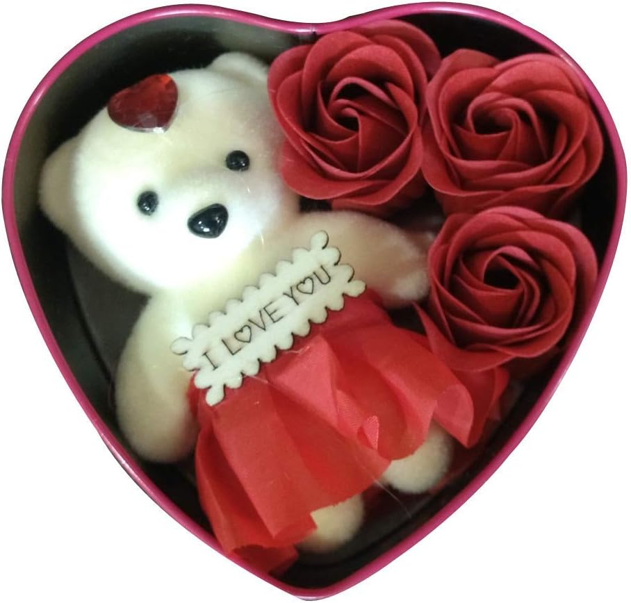 Gifts Byte 3 Rose Fragrance Soap and Small Teddy Bear with Heart Shape Box (Pink)