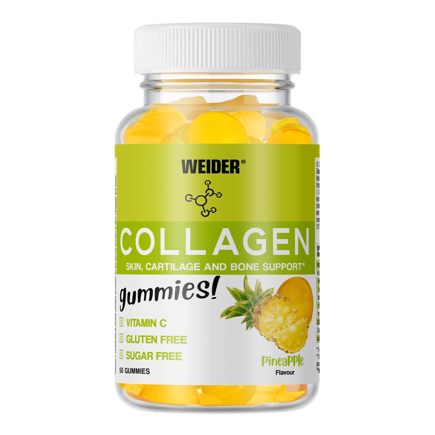 Weider Collagen Gummies (50 Gummies) Pineapple Flavour, with Peptan Hydrolysed Collagen and Vitamin C, for Joints, Bones, Cartilage and Skin, Sugar-Free, Gluten-Free