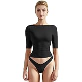 SUUKSESS Women Double Lined Half Sleeve Boat Neck Tops Tight Fitted Shirts