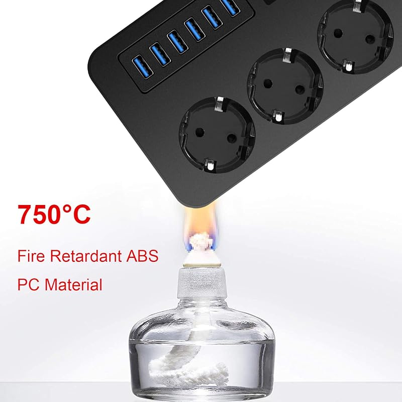 Multiprise 3 Prises Multiple (13A/3000W) avec Interrupteur Individuelles, 6 Ports de Charge USB (3.1A/5V),1.8m Adaptateur Secteur Les Câbles, Applicable à Bureaux Et Voyage en Maison (Noir)