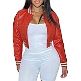 Xaspee Varsity Bomber Jacket Women Causal Baseball Crop Top Letterman Faux Leather Snap Button Sports Outwear Jackets