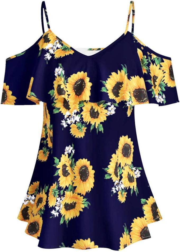 QIQIU Sunflower Printed Camis Women's Sexy Ruffles Cold Shouder Blouse Halter Sling Short Sleeve Plus Size T-Shirt