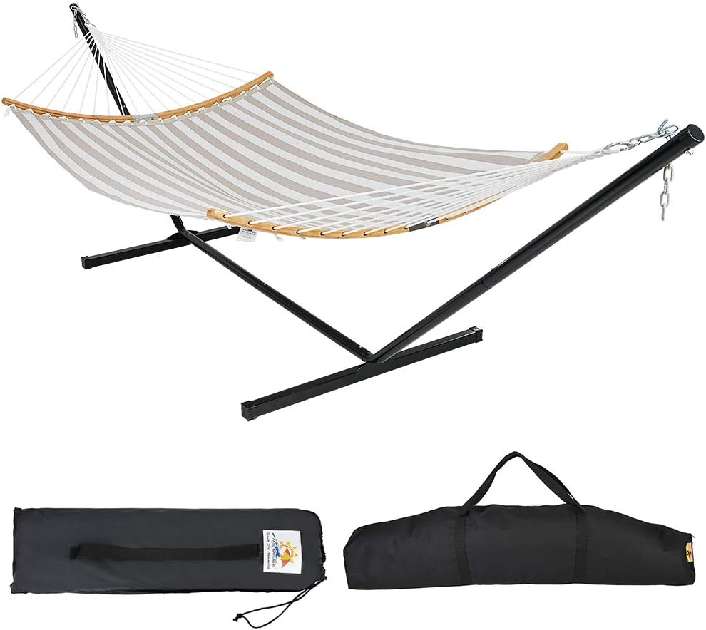 Patio Watcher 12 Feet Steel Stand with Quick Dry Hammock Curved Bamboo Spreader Bar Hammock for Outdoor Patio Yard 2 Storage Bags Included