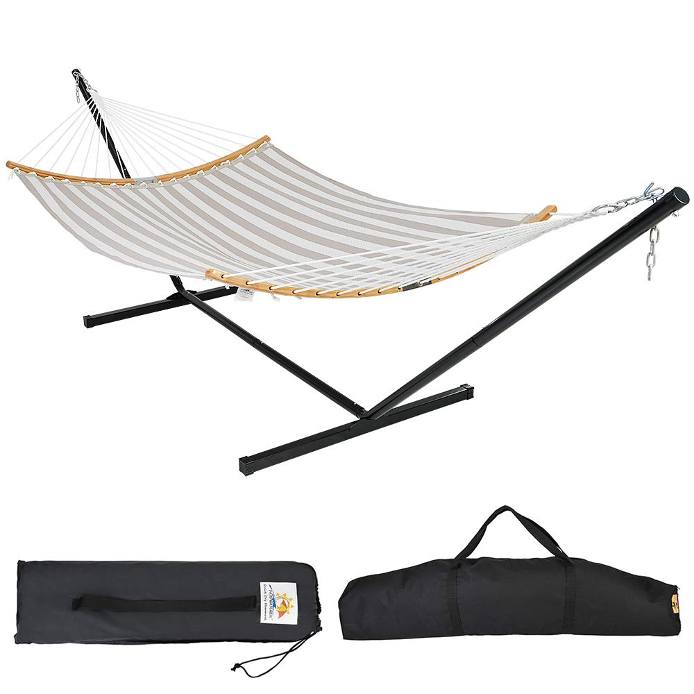 Patio Watcher 12 Feet Steel Stand with Quick Dry Hammock Curved Bamboo Spreader Bar Hammock for Outdoor Patio Yard 2 Storage Bags Included