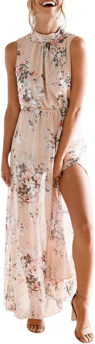 Kangrun Summer Chiffon Dress sexy Mesh Patchwork See Through Dress High Neck Sleeveless Dress Bodycon Maxi Dress Backless Badage Halter Neck Party Dress Long Side Split Beach Floral Dress (Pink, S)