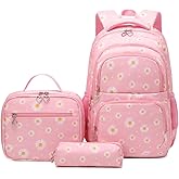 Armbq Daisy Kids Backpack for Girls, Multi Pocket School Bags with Lunch Box for Elementary, Teen Girls Bookbag Set