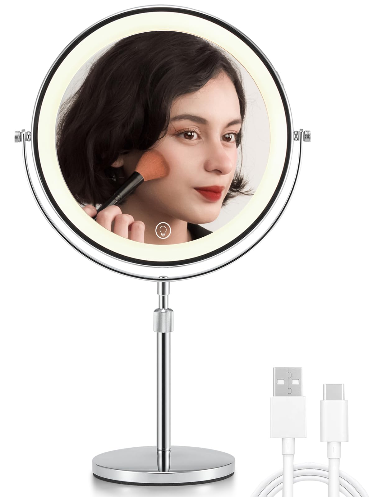 OMIRO Magnifying Mirror with Light 10X/1X-360° Flip Dual Side, 8.5" Makeup Mirror with Light, Touch Adjustable 3-Color Lights, Detachable & Rechargeable for Bathroom Vanity, Travel (Silver)