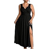 OYOANGLE Women's Plus Size Lace Trim Sleeveless Maxi Dress Wrap V Neck High Slit Formal Evening Dresses