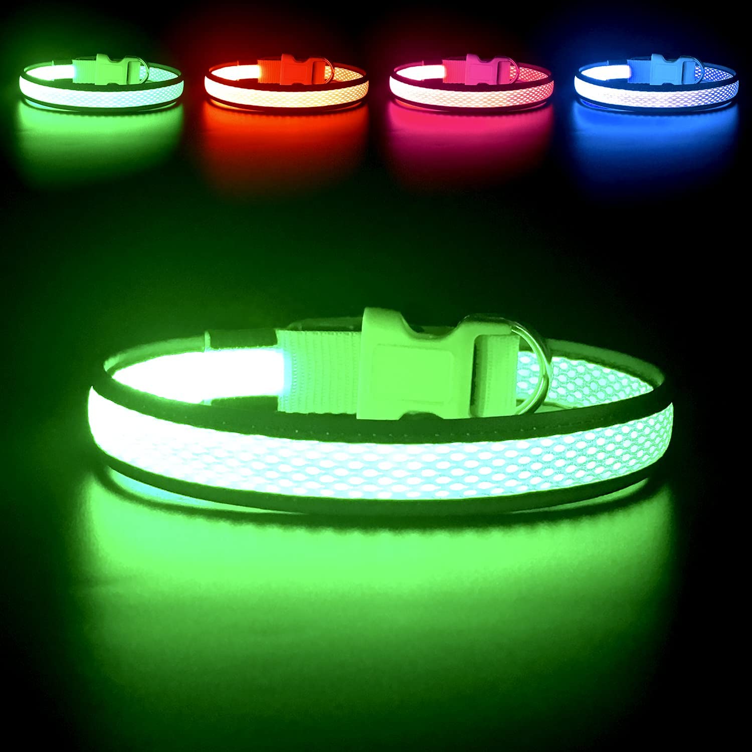 YFbrite Light up Dog Collar, Rechargeable LED Dog Collar, Flashing Dog Collar, Adjustable Reflective Dog Collar Safety Glowing at night (Green, Small)